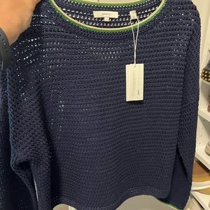 Vince crochet contrast tipping neck sweater navy with green and white trim - NWT